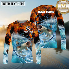 Maxcorners Catfish Fishing Sea Fire Pattern Pattern Sport Jersey Personalized Name, Team Name Long Sleeve Shirt