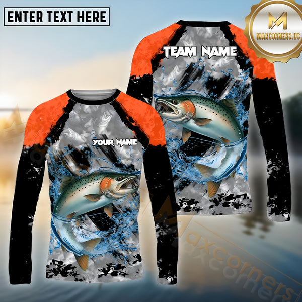 Maxcorners Salmon Fishing Crimson Catch Pattern Sport Jersey Personalized Name, Team Name Long Sleeve Shirt