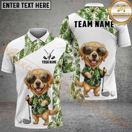Maxcorners Cute Dog Green Tropical Golf Polo Personalized Name, Team Name 3D Shirt 1