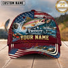 Maxcorners Fishing Graphic Sunset Lake US Flag Waves Customized Name 3D Cap