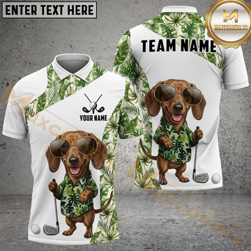 Maxcorners Cute Dog Green Tropical Golf Polo Personalized Name, Team Name 3D Shirt 2