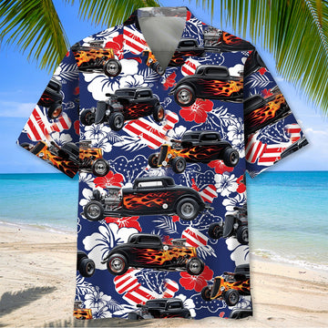 Maxcorners Personalized American Flag Flame Hot Rod Tropical Hibiscus Hawaiian Shirt