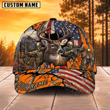 Maxcorners Deer Hunting American Flag Blaze Orange Hunter Scene Personalized Name 3D Cap