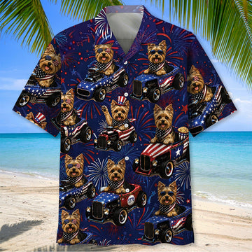 Maxcorners 4th Of July Funny Yorkshire Terrier Hot Rod Hawaiian Shirt