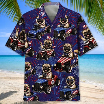 Maxcorners 4th Of July Funny Pug Hot Rod Hawaiian Shirt