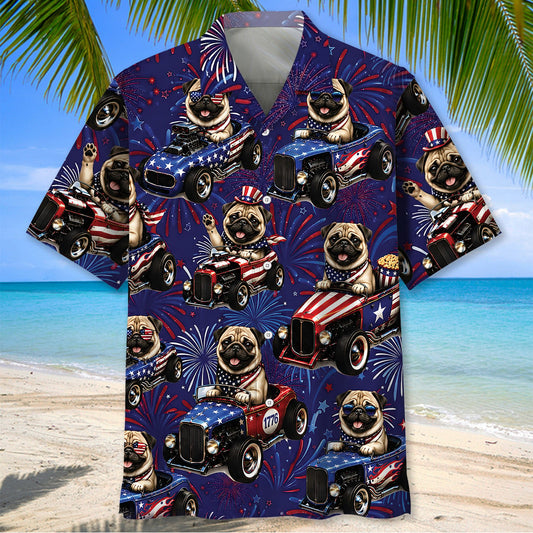 Maxcorners 4th Of July Funny Pug Hot Rod Hawaiian Shirt