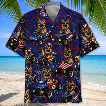 Maxcorners 4th Of July Funny German Shepherd Hot Rod Hawaiian Shirt