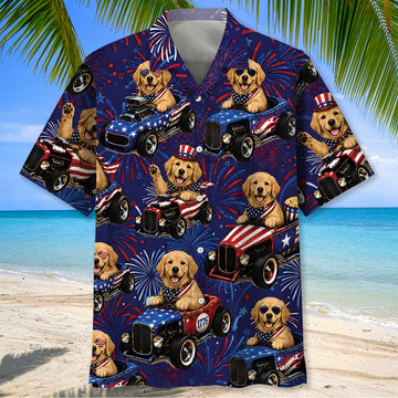 Maxcorners 4th Of July Funny Golden Retriever Hot Rod Hawaiian Shirt
