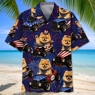 Maxcorners 4th Of July Funny Pomeranian Hot Rod Hawaiian Shirt
