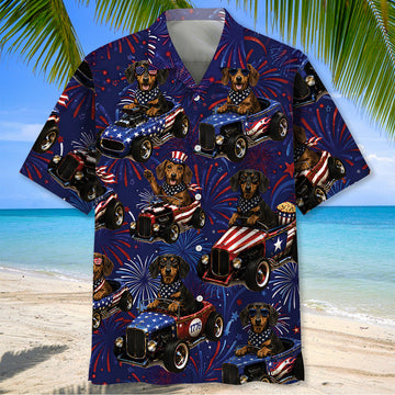 Maxcorners 4th Of July Funny Dachshund Hot Rod Hawaiian Shirt