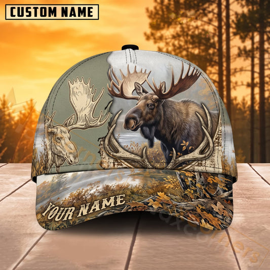 Maxcorners Moose Hunting Vintage Antler Wilderness Personalized Name 3D Cap