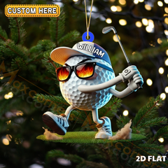 Maxcorners Funny Golf Ball Character Powerful Swing Flaming Shades Personalized Name Christmas Ornament 2D Flat