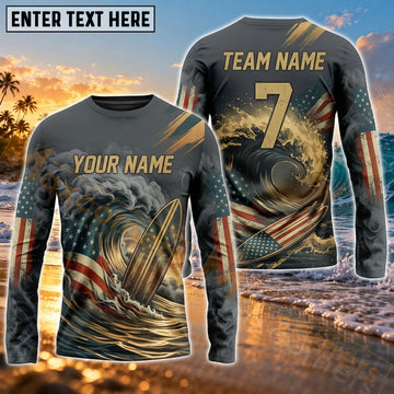 Maxcorners Surfing Tropical Ocean Wave Art Customized Name, Number, Team Name 3D Long Sleeve Shirts
