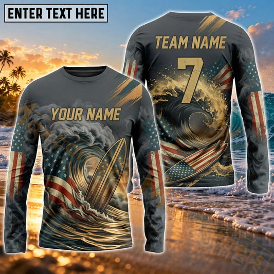 Maxcorners Surfing Tropical Ocean Wave Art Customized Name, Number, Team Name 3D Long Sleeve Shirts