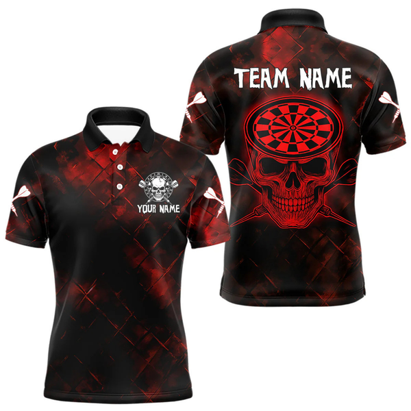 Maxcorners Men's Custom Darts Team Shirt - Skull & Dartboard Graphic With Grunge Red Pattern LM2404