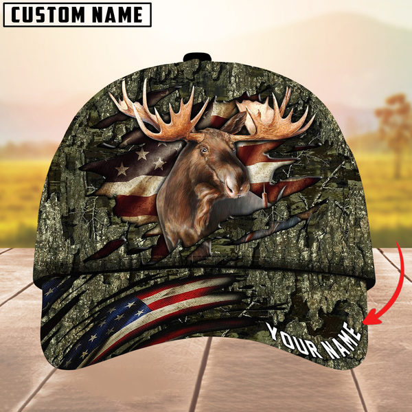 Maxcorners Moose Hunting USA Flag Crack Camouflage Pattern Multicolor Personalized Name 3D Cap