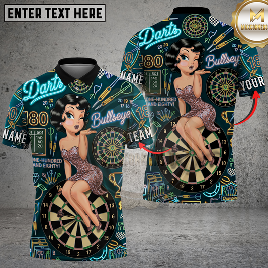Maxcorners Darts Pin Up Girl Neon Bullseye Art Multicolor Options Personalized Name, Team Name 3D Shirt (4 Colors)