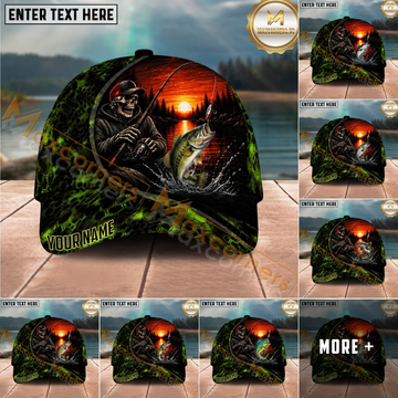 Maxcorners Fishing Reaper Sunset Green Honeycomb Personalized Name 3D Cap (12 Fish Species)