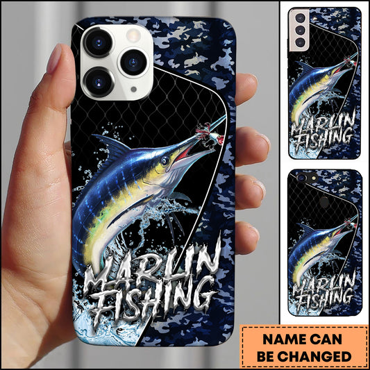 Maxcorners Marlin Fishing Black Navy Blue Camo Personalized Name 3D Phone Case