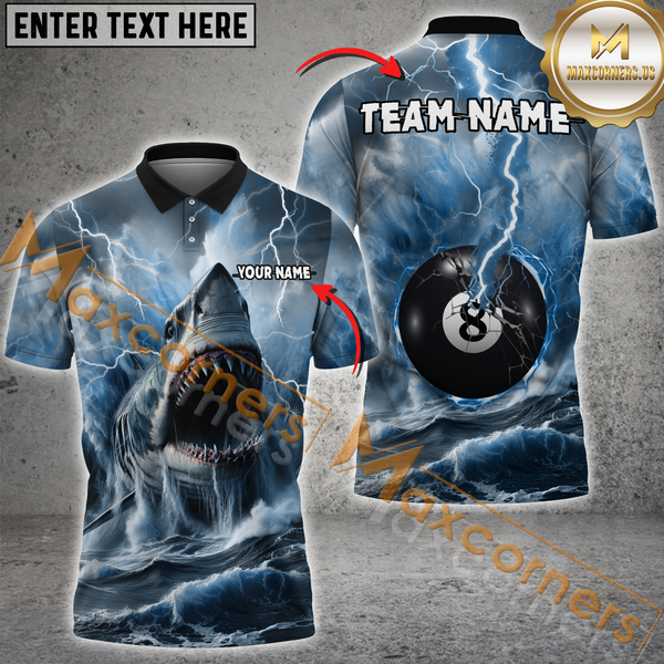 Maxcorners Ball 8 Shark and Lightning Billiard Jersey Multicolor Option Customized Name, Team Name 3D Polo Shirt