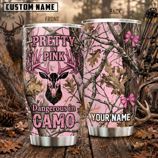 Maxcorners Hunting Pretty In Pink Deer Woodland Camo Personalized Name 3D Tumbler