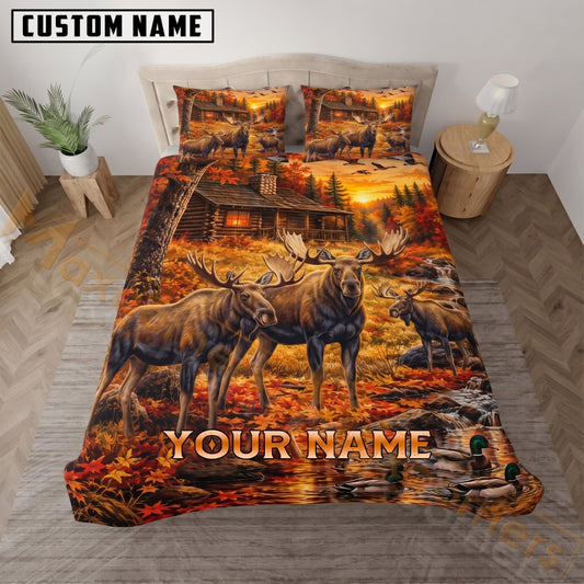 Maxcorners Moose Hunting Autumn Forest Herd Custom Name 3D Bedding Set