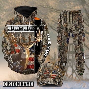 Maxcorners Hunting Whitetail Buck Rustic Forest Camo Personalized 3D Combo Hoodie, Sweatpants Set & Cap