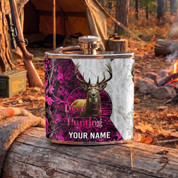 Maxcorners Hunting Pink Deer Hunting Split Camouflage Design Personalized Name 3D Hip Flask