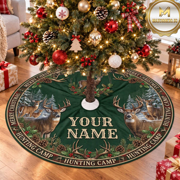 Maxcorners Hunting Deer Green Woodland Family Personalized Name 3D Christmas Tree Skirt