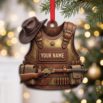 Maxcorners Hunting Classic Western Vest Cowboy Hat And Rifle Personalized Name 3D Keychain And Ornament