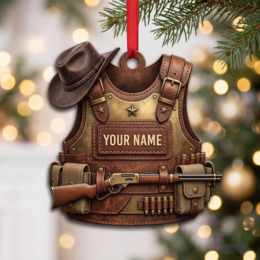 Maxcorners Hunting Classic Western Vest Cowboy Hat And Rifle Personalized Name 3D Keychain And Ornament