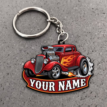 Maxcorners Hot Rod Red Classic Car with Orange Fire and Custom Name Banner Personalized Name 3D Keychain And Ornament