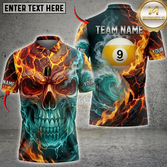 Maxcorners Billiards Molten Fire and Ice Skull 9 Ball Multicolor Customized Name, Team Name 3D Shirts ( 4 Colors )
