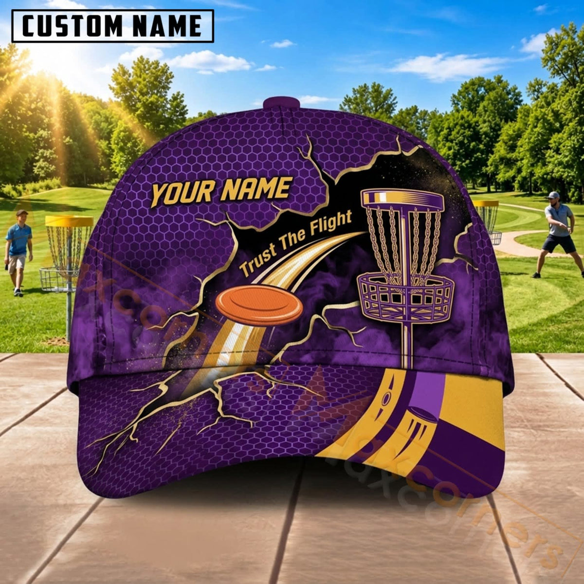 Maxcorners Disc Golf Purple Gold Flying Disc Basket Personalized Name 3D Cap