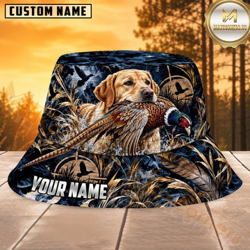 Maxcorners Duck Hunting Labrador Blue Feather Camo Personalized Name 3D Bucket Hat