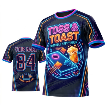 Maxcorners Cornhole Toss And Toast Neon Party Personalized Name 3D Unisex Shirt