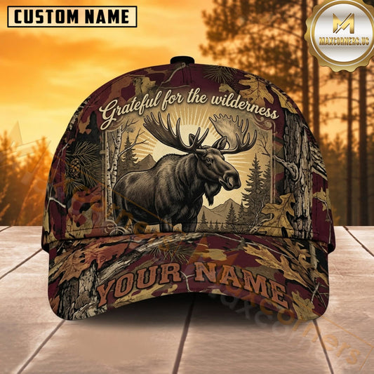 Maxcorners Moose Hunting Bull Moose Grateful for the Wilderness Vintage Burgundy Camo Customized Name 3D Cap