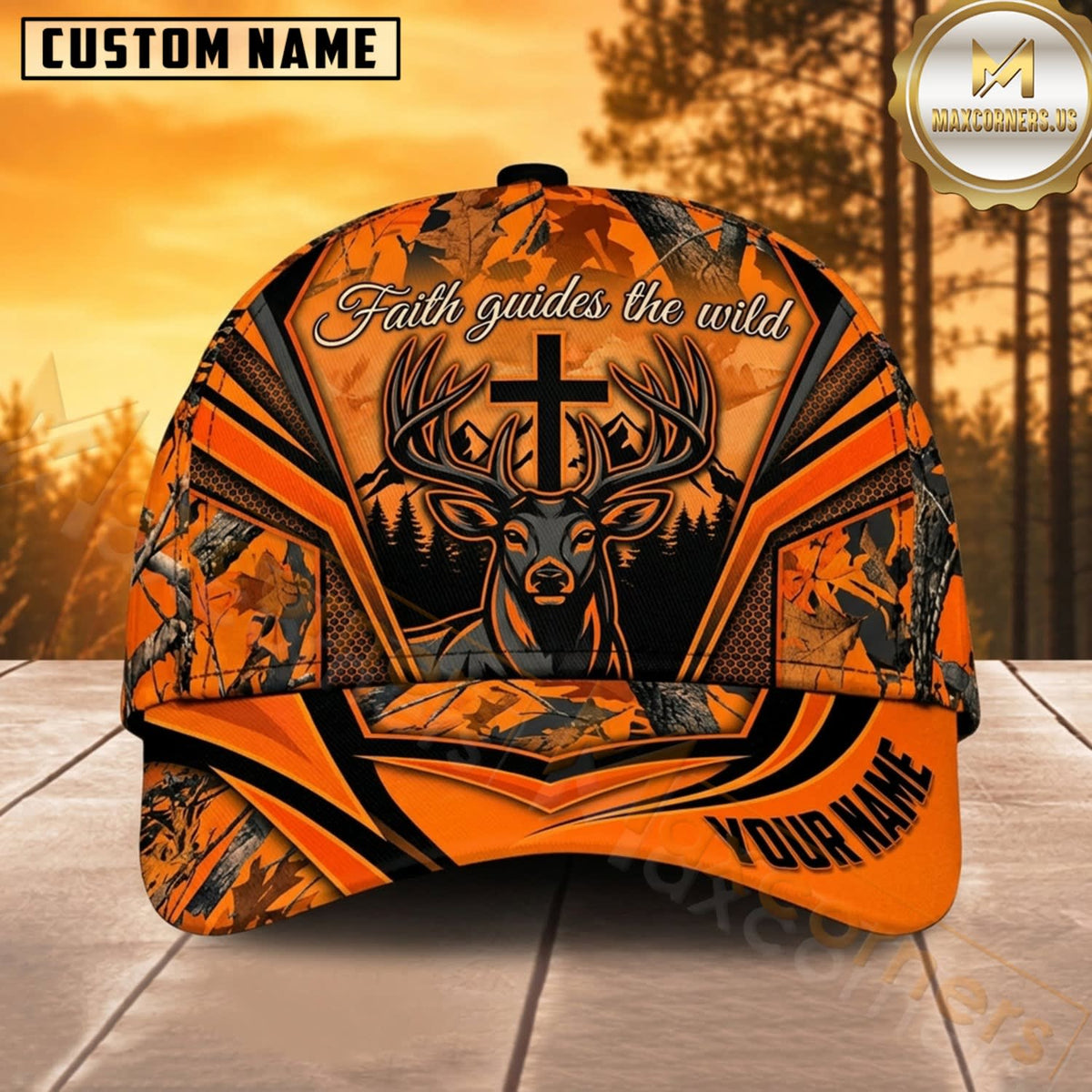 Maxcorners Deer Hunting Whitetail Deer Skull Blaze Orange Geometric Hunting Camo Customized Name 3D Cap