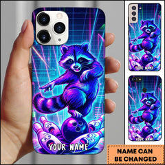 Maxcorners Bowling Phonecase Retro Neon Raccoon Synthwave Grid Design Personalized Name 3D Phone Case