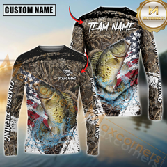 Maxcorners Crappie Fishing American Flag Scratch Grass Camo Custom Name & Team Name 3D Shirts