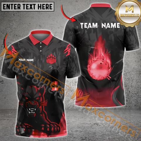 Maxcorners Black Panther Ball Flame Bowling Jersey Multicolor Customized Name, Team Name 3D Polo Shirt