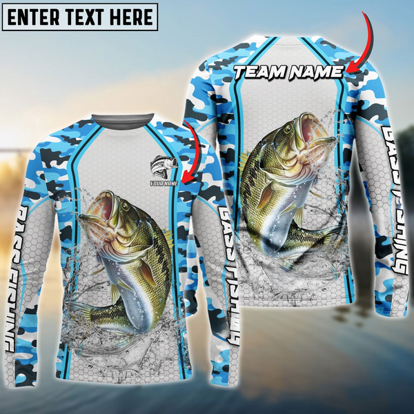 Maxcorners Bass Fishing Light Blue Camo Sport Personalized Name, Team Name 3D Long Sleeve Shirt