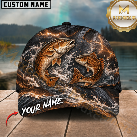 Maxcorners Fishing Dual Redfish Black Storm Ocean Customized Name 3D Cap
