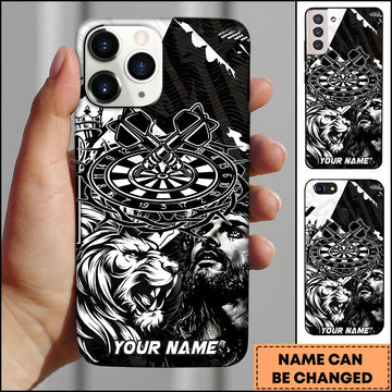 Maxcorners Darts Black & White Lion Jesus Crown of Thorns Personalized Name 3D Phone Case