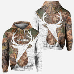 Maxcorners Deer Hunting Camo Forest White Distressed Silhouette Personalized Name 3D Hoodie TU2611