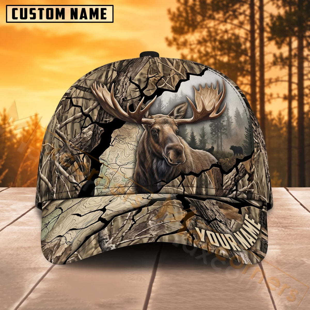 Maxcorners Moose Hunting Cracked Woodland Forest Camo Personalized Name 3D Cap