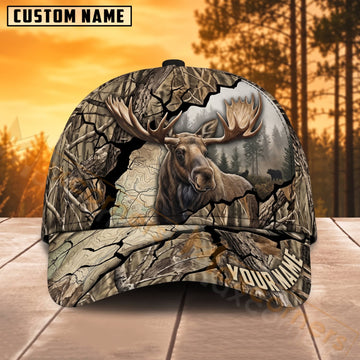 Maxcorners Moose Hunting Cracked Woodland Forest Camo Personalized Name 3D Cap