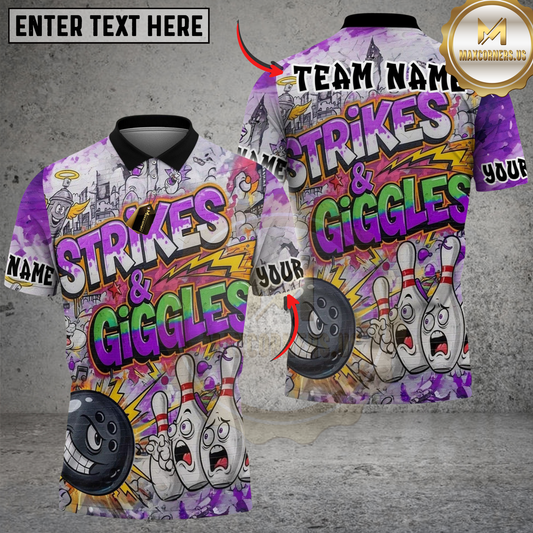 Maxcorners Bowling And Pins Funny Strikes & Giggles Customized Name, Team Name 3D Shirt (4 Colors)