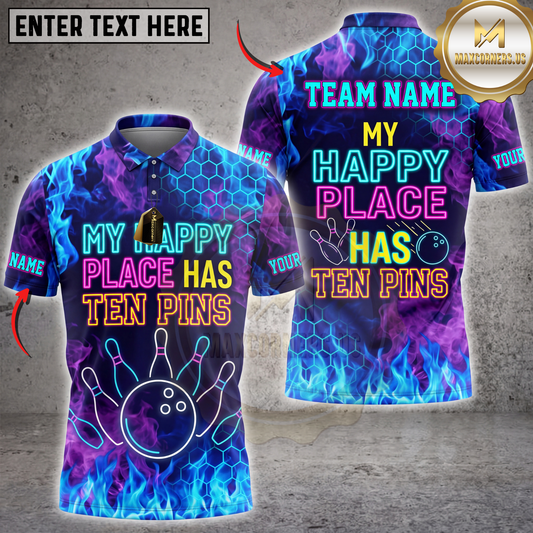 Maxcorners Bowling My Happy Place Has Ten Pins Neon Blue Purple Bowling Ball Multicolor Customized Name, Team Name 3D Shirts ( 4 Colors )
