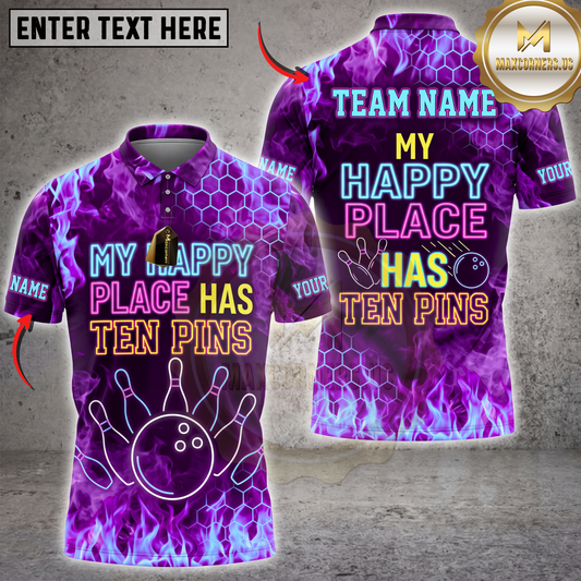 Maxcorners Bowling My Happy Place Has Ten Pins Neon Blue Purple Bowling Ball Multicolor Customized Name, Team Name 3D Shirts ( 4 Colors )